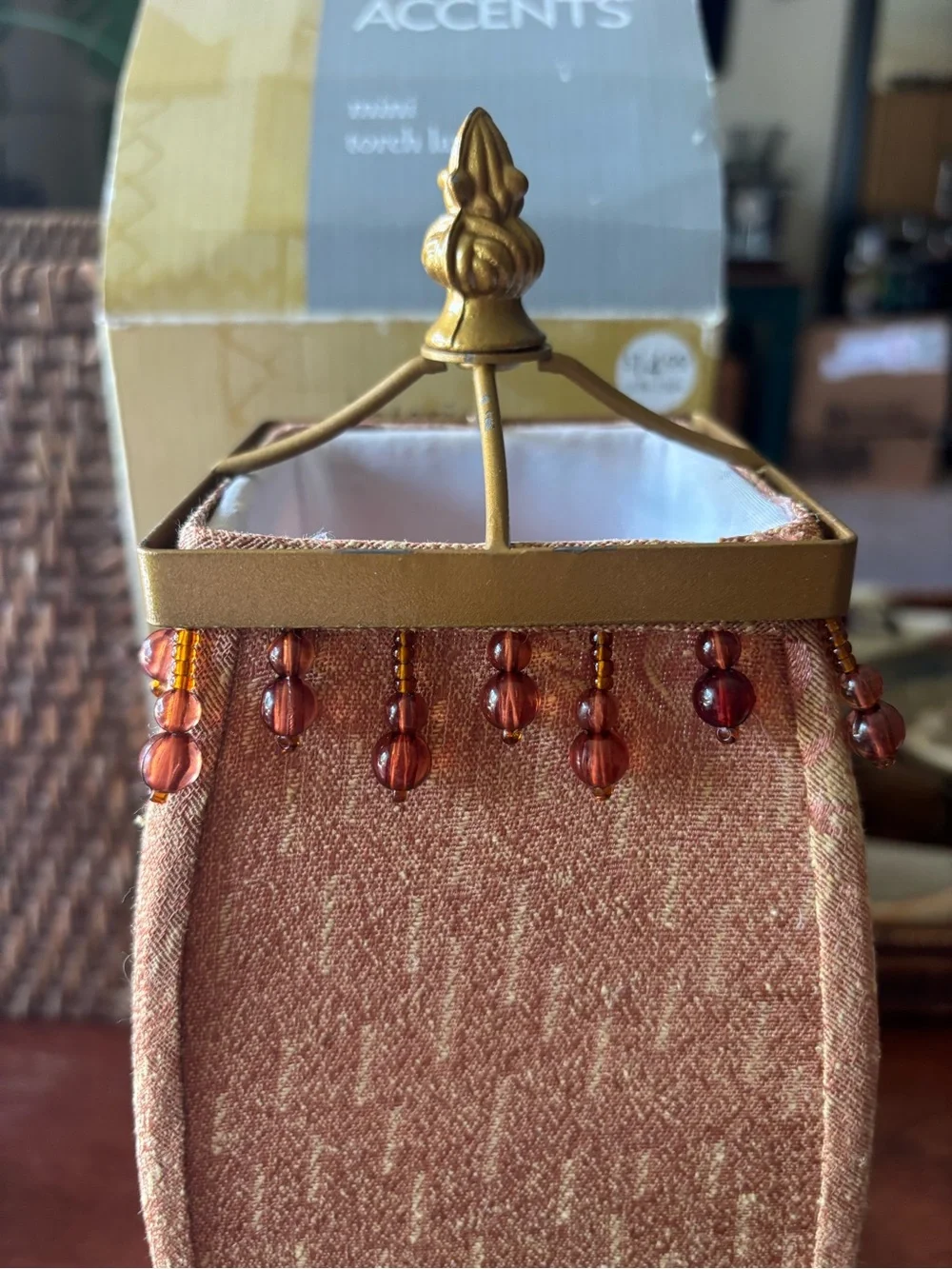 Interior Accents mini torch lamp w distinctive beaded fabric shade & resin base